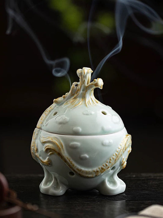Dragon Coiled Ceramic Incense Burner | Chinese Fengshui Censer with Eastern Mystical Energy | Auspicious Dragon Design for Home Blessing