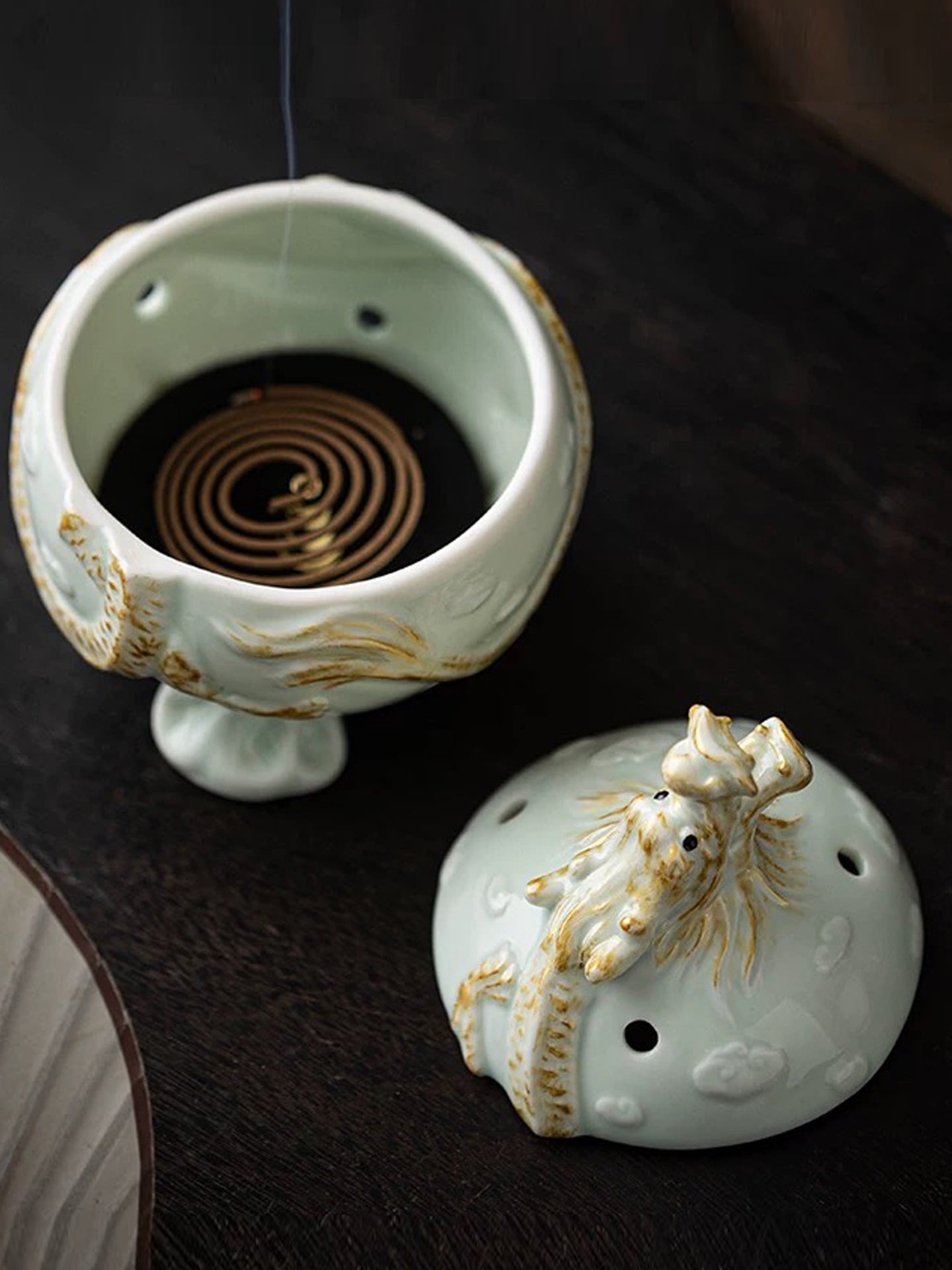 Dragon Coiled Ceramic Incense Burner | Chinese Fengshui Censer with Eastern Mystical Energy | Auspicious Dragon Design for Home Blessing
