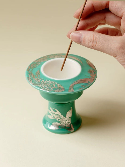Xuanying Swimming Fish Incense Holder | Chinese Fengshui Ceramic Censer with Silver-Inlaid Design | Auspicious Fish Symbol for Prosperity