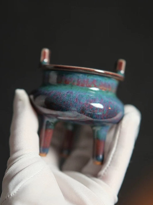 Chinese Intangible Cultural Heritage Kiln-Transformed Jun Porcelain Tripod Incense Burner | Fengshui Censer for Prosperity & Stability, Ideal for Meditation & Tea Rituals