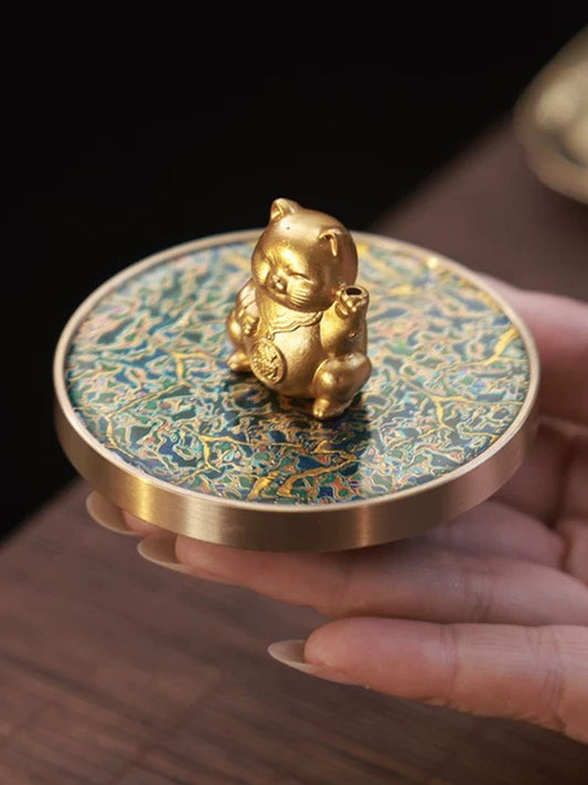 Wealth-Attracting Fortune Cat Incense Holder | Chinese Fengshui Brass & Lacquer Censer for Prosperity & Good Luck